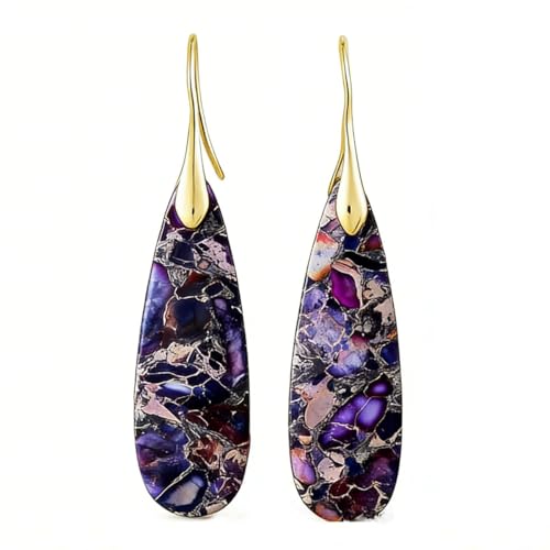Boho Natural Imperial Jasper Teardrop Dangle Earrings for Women – Hypoallergenic French Hook Stone Drop Earrings Jewelry - color: Purple Golden Hook