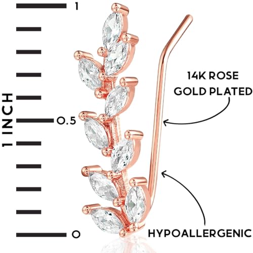14K Gold or 925 Silver Plated Ear Crawler Earrings - Crystal Leaf Climbers | Hypoallergenic and Safe for Sensitive Ears - color: 14K Rose Gold Plated