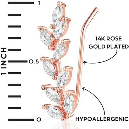 14K Gold or 925 Silver Plated Ear Crawler Earrings - Crystal Leaf Climbers | Hypoallergenic and Safe for Sensitive Ears - color: 14K Rose Gold Plated