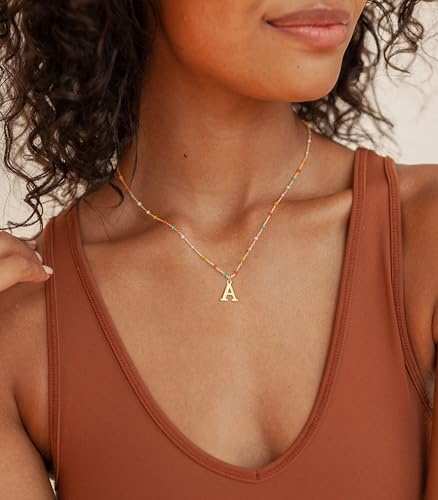 KOHOTA Colorful Beaded Initial Necklace for Women Trendy Pendant Necklace | 14K Gold Plated Initial Necklace for Women, Dainty Personalized Letter A-Z Necklace, Summer Beach Jewelry Birthday Gifts - color: F