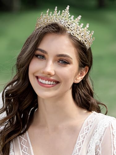 SWEETV Crystal Wedding Tiara for Women, Royal Queen Crown Headband, Rhinestone Princess Hair Accessories for Prom Birthday - color: 1.Gold-Tone