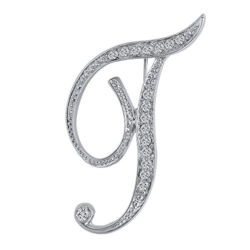 A-Z 26 Letters Pins Brooches Silver Plated Metal Broaches Pins-Clear Crystal Initial Breastpin - color: 1pcs-T