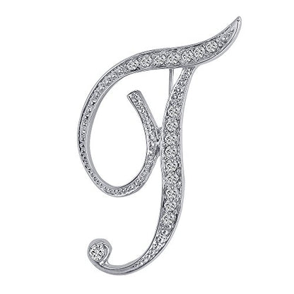 A-Z 26 Letters Pins Brooches Silver Plated Metal Broaches Pins-Clear Crystal Initial Breastpin - color: 1pcs-T