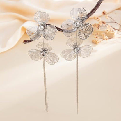 Gold Flower Tassel Dangle Earrings for Women,Boho Chunky Floral Long Fringe Statement Earring,Fashion Spring Jewelry Party Prom Accessories - color: Silver