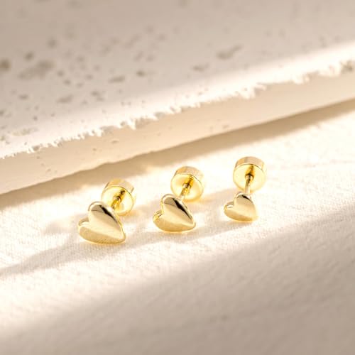 3 Pair Tiny Flat Back Earrings for Women - 14K Gold/White Gold Plated Dainty Cute Small Screw Flatback Stud Earring, Everyday Wear Gift - color: Heart Flat-5/6/7mm Gold