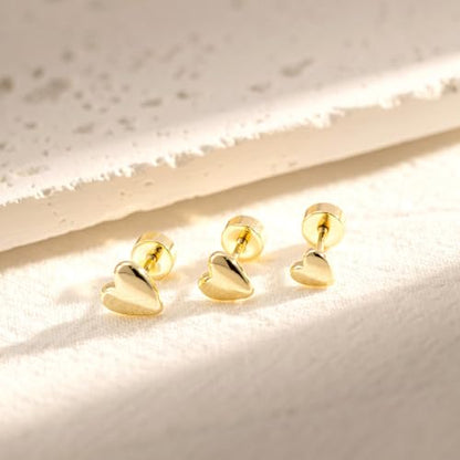 3 Pair Tiny Flat Back Earrings for Women - 14K Gold/White Gold Plated Dainty Cute Small Screw Flatback Stud Earring, Everyday Wear Gift - color: Heart Flat-5/6/7mm Gold