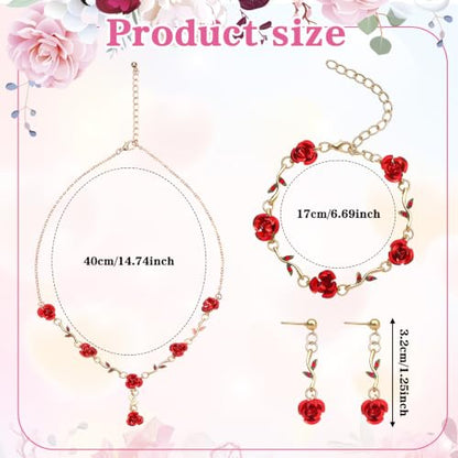 SHENLIU Red Rose Jewelry Set for Women, 3Pcs Rose Pendant Earrings Necklaces Bracelet, Burgundy Jewelry Set for Women's Wedding Prom Valentine Birthday Party (Red and Gold)