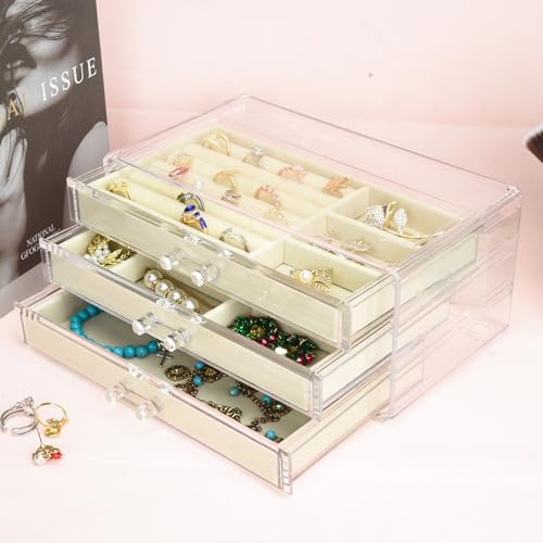 Weiai 3 Drawer Acrylic Jewelry Box Organizer Earring Storage Case Tray for Women - color: Beige
