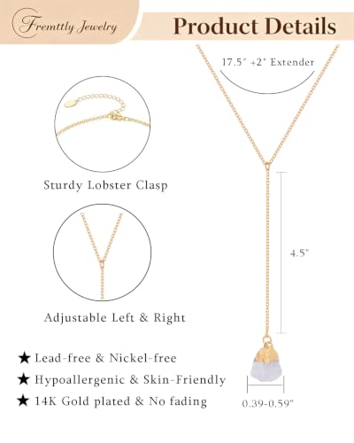 Lariat Necklace for Women Dainty Gold Long Crystal Drop Y-Shaped Necklace | 14k Gold Plated Crystal Drop Necklace Trendy Non Tarnish Simple Gold Jewelry For Wedding, Prom, Daily - color: Clear Quartz
