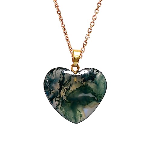 AURA GEMS Moss Agate Cabochon Heart Shape Pendant Necklace, Natural Gemstone, Women Jewelry, Energy Healing Crystals, Calm Chakra, Birthstone, Gift for Women, Gold Plated Jewelry 18 inch, AA+ Quality