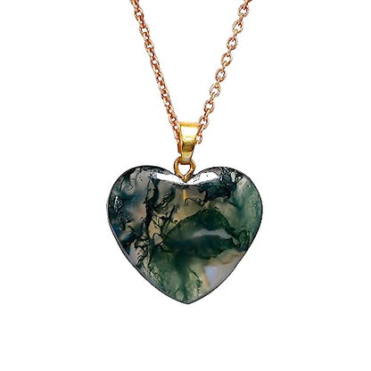 AURA GEMS Moss Agate Cabochon Heart Shape Pendant Necklace, Natural Gemstone, Women Jewelry, Energy Healing Crystals, Calm Chakra, Birthstone, Gift for Women, Gold Plated Jewelry 18 inch, AA+ Quality