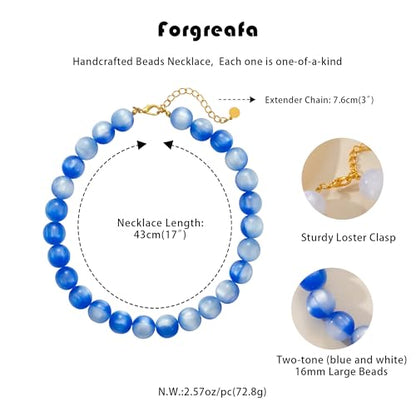 Beaded Necklace for Women Boho Chunky Large Round Beaded Statement Choker Trendy Adjustable Resin Necklaces Summer Beach Jewelry Gifts - color: Royla Blue