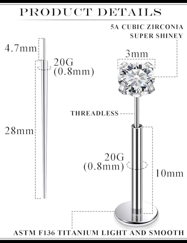 20G 18G 16G F136 Titanium Threadless Flat Back Earrings Nose Studs Tragus Forward Helix Conch Cartilage Lobe Earrings Medusa Labret Snake Bite Monroe Lip Ring Piercing Jewelry For Women Men - size: 20G-10MM Bar-CZ 3MM