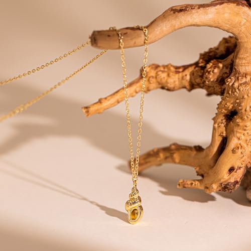 Dainty Gold Necklace: 14k Gold Plated Dianty Boots Bow Sun Moon Horse Evil Eye Conch Seahorse Necklace for Women 16.5"+2" - color: Conch