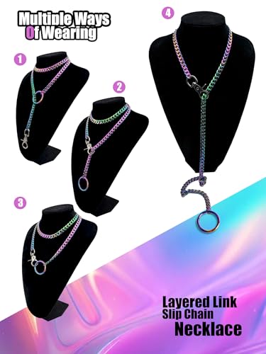 paloli Women's Slip Chain Rainbow Heart O-Ring Chunky Chain Necklace, Rays Cuban Long Layered Jewelry, Adjustable Lariat Y-Necklace Heart Loop Choker - color: K-Oring-Rainbow
