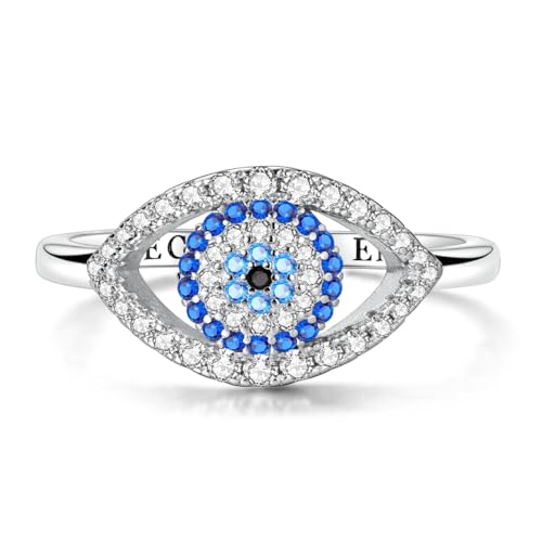 Hapour 925 Sterling Silver Rings for Women Firefly Ring, Glow in the Dark | Sun Moon Star Band Ring Rainbow Evil Eye Chunky Heart Thumb Pinky Stackable Dainty Ring, 14K Gold Plated, Cubic Zirconia - color: Blue CZ Devil's Eye, size: 6