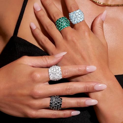 925 Sterling Silver Pave Birthstone Chunky Statement Rings for Women Men | 14K Gold Plated/Silver Large Dome Ring Birthday Cocktail Jewelry,Size 6 to 10(with Gift Box) - color: 03-Created Aquamarine-Mar.