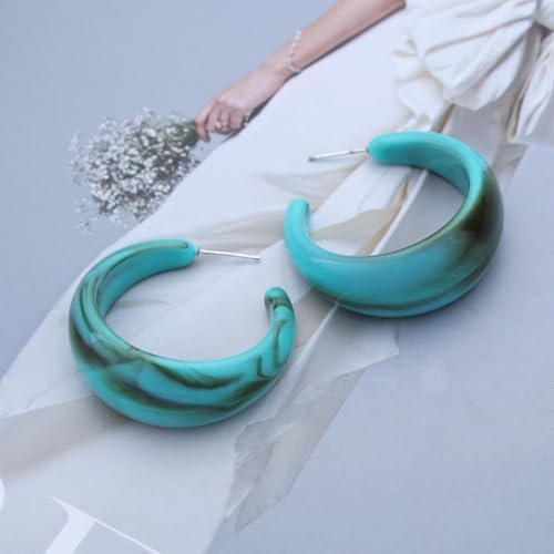 Punk Turquoise Hoop Earring Chunky Acrylic Hoop Earrings Blue Turquoise Circle Earring Acrylic Resin Hoops Earrings Wide C Shape Western Statement Jewelry for Women - color: Blue
