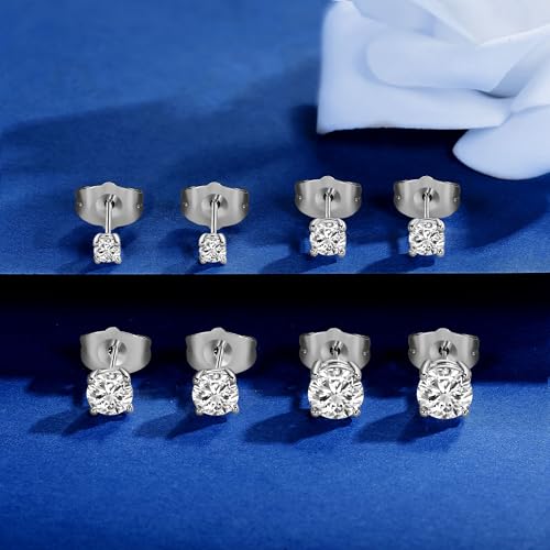18K White/Yellow Gold Plated Stud Earrings for Men Women 4 Prong Graduated Round Clear Cubic Zirconia Hypoallergenic Earrings Set 3-8MM - color: White Gold Plated, size: Pack-3/4/5/6MM