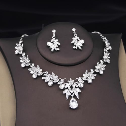 Crowns and Tiaras Jewelry Set for Women.Wedding (Gold Green) | Wedding Crown, Necklace Earrings, Princess Queen Birthday Party, Pageant Bridal, Costume Accessories - color: Silver White