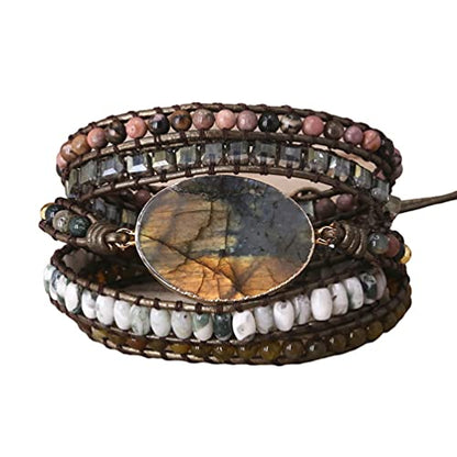 Women Wrap Bracelet Boho Natural Jasper Crystal Stone Beads Strand Bracelets - color: Style 10-Labradorite