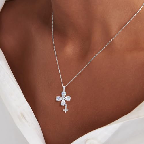 14K Gold Plated | 14K Platinum Plated Necklace for Women Necklace Earrings Set with Sparkling Zircon Inlay and Silver Post Earrings - color: Cross fringe set silver