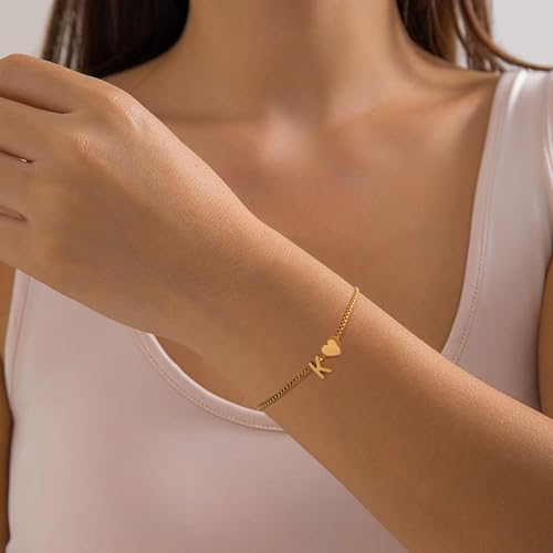 Gold Initial Bracelet for Women Dainty Personalized Name Bracelet | 14K Gold Plated, Letter A-Z Bracelet, Tiny Gold Initial Cute Heart Bracelet Jewelry Gift - color: c