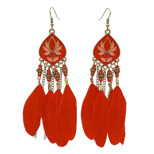 Long Tassel Feather Earrings for Women Handmade Vintage Bohemian Multicolor Tassel Feathers Dangle Drop Earrings Jewelry - color: red