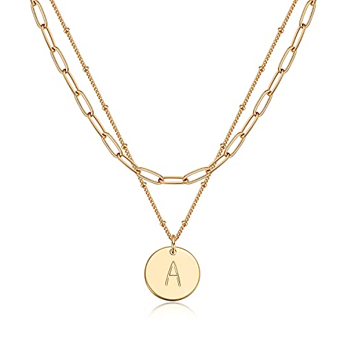 Valloey Rover Initial Necklaces for Women 14K Gold Plated Dainty Letter Necklce Round Coin Disc Pendant Double Side Engraved A-Z Necklace Personalized Jewelry Gift for Women - color: Layer-A