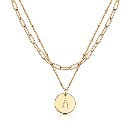 Valloey Rover Initial Necklaces for Women 14K Gold Plated Dainty Letter Necklce Round Coin Disc Pendant Double Side Engraved A-Z Necklace Personalized Jewelry Gift for Women - color: Layer-A
