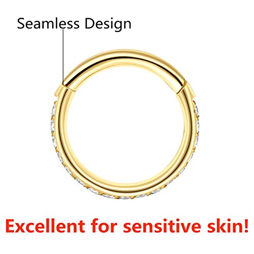 316L Surgical Steel Seamless Nose Ring Cartilage Hoop Silver/Gold/Rose Gold/Black 16G 18G 20G 6mm-12mm CZ Paved Helix Rook Tragus Lobe Body Pierecing Jewelry Segment Clicker Lip Rings Rook Earrings - color: Gold, size: 18 Gauge 6mm