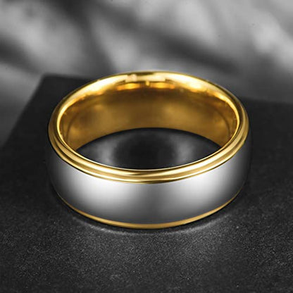 NUNCAD Men Women Tungsten Wedding Engagement Band | 4/6/8mm Two-tone Gold Silver, Domed Polished Step Edges, sizes 5-12 Wedding Band - color: 8mm-Gold & Silver