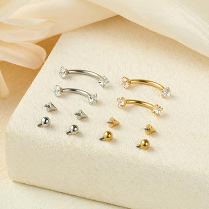 FECTAS Internal Threaded Eyebrow Rook Piercing Jewelry 16G Earrings 8/10mm Vertical Labret Lip Jewelry Curved Barbell Eyebrow Rings Tiny Small Belly Rings Ear Rook Helix Conch Daith Piercing Jewelry - color: silver&gold