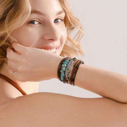 Western Turquoise Leather Cuff Bracelets Boho Feather Cowgirl Jewelry | Stackable Country Hippie Wrap Bangle Set Magnetic Clasp Chunky Beaded Stone Bohemian Statement Outfits for Women Trendy - color: Brown