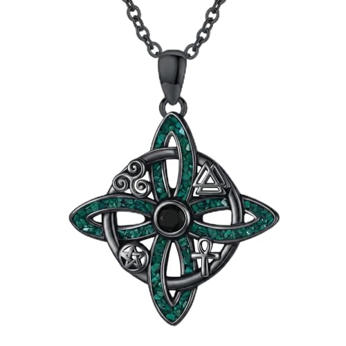 Witch Necklace 925 Sterling Silver Pentagram Triple Moon Pentacle Pendant Wiccan Pagan Jewelry Witchy Gifts for Women - style: Witches Knot-Malachite