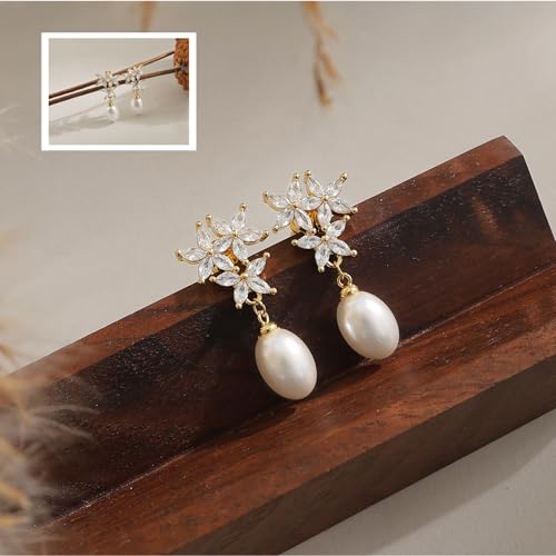 Pearl Earrings for Women:Gold Wedding Dangle Drop Earring Pearl Jewelry | 14K Gold Plated Pearl Drop Earrings for Women,Dainty Wedding Bride Earring Studs,Gold Dangle Drop Earring,Waterproof Jewelry - size: 1 pcs-9