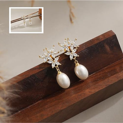 Pearl Earrings for Women:Gold Wedding Dangle Drop Earring Pearl Jewelry | 14K Gold Plated Pearl Drop Earrings for Women,Dainty Wedding Bride Earring Studs,Gold Dangle Drop Earring,Waterproof Jewelry - size: 1 pcs-9