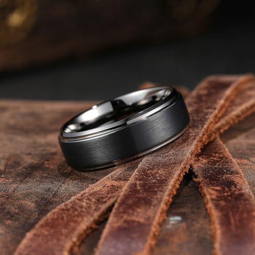 King Will Mens Brushed Wedding Band, Two Tone Matte Step Edges/Pipe Cut, Tungsten Carbide Anniversary Promise Rings Comfort Fit - color: Black&Gunmetal-8mm