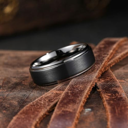 King Will Mens Brushed Wedding Band, Two Tone Matte Step Edges/Pipe Cut, Tungsten Carbide Anniversary Promise Rings Comfort Fit - color: Black&Gunmetal-8mm