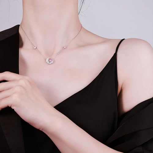 925 Sterling Silver Necklace for Women Trendy, Charming Layered Necklace with Cubic Zirconia Pendant for Her Womens Dainty Diamond Choker Necklaces Holiday Jewelry Gifts for Mom Wife Daughter Lover - color: Moon-Pink