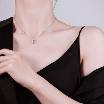 925 Sterling Silver Necklace for Women Trendy, Charming Layered Necklace with Cubic Zirconia Pendant for Her Womens Dainty Diamond Choker Necklaces Holiday Jewelry Gifts for Mom Wife Daughter Lover - color: Moon-Pink