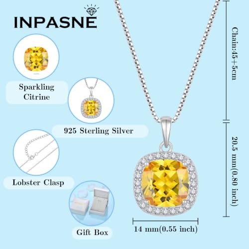 Birthstone Necklace for Women 925 Sterling Silver Princess Cut Halo Necklace Pendant Jewelry for Mom Wife - color: Yellow