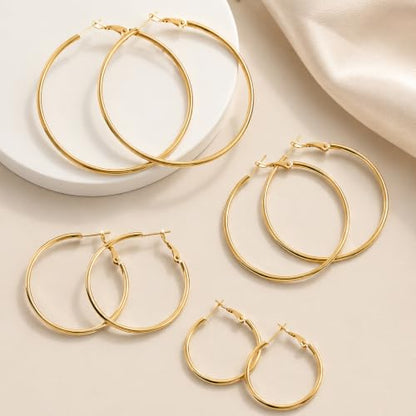 4/6 Pairs 14K Gold Plated Silver Hoop Earrings Set for Women Hypoallergenic | 30 40 50 60 mm, Lightweight Thin Hoops, 316L Surgical Stainless Steel for Sensitive Ears, Everyday Wear to Evening Outfits - color: 4 Pairs(30/40/50/60mm)-Gold