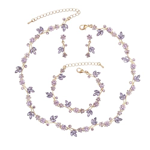 Brides Bridesmaid Flower Leaf Choker Necklace Dangle Earrings Link Bracelet Austrian Crystal Wedding Jewelry Set for Prom Costume Party Accessories for Woman - color: Violet-Gold Plated
