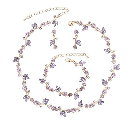 Brides Bridesmaid Flower Leaf Choker Necklace Dangle Earrings Link Bracelet Austrian Crystal Wedding Jewelry Set for Prom Costume Party Accessories for Woman - color: Violet-Gold Plated
