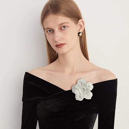 Rhinestone Flower Brooch Pin for Women Men Elegant Sparkly Crystal Camellia Floral Lapel Pins Shawl Dress Suit Clothes Accessories Wedding Party Fashion Jewelry 105mm - color: White