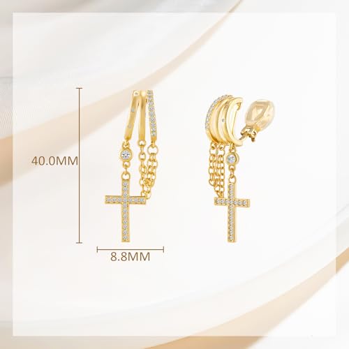 YOQUCOL Gold Plated Y2K Clip On Hoop Earrings for Women,Sweet Cool Edgy Trendy Layered Hoop with Tassel Chain Dangle, Non Pierced Jewelry Gifts - color: Cross