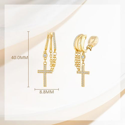 YOQUCOL Gold Plated Y2K Clip On Hoop Earrings for Women,Sweet Cool Edgy Trendy Layered Hoop with Tassel Chain Dangle, Non Pierced Jewelry Gifts - color: Cross