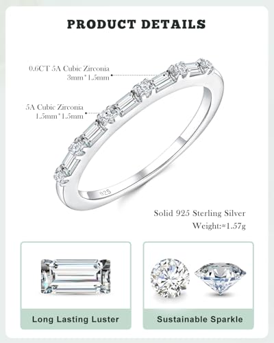 925 Sterling Silver 1.5mm Thin Baguette Stackable Rings for Women | Created Ruby/Sapphire/Emerald/Cubic Zirconia,Dainty Wedding Band Birthday Anniversary Jewelry(with Gift Box) - color: 02-Cubic Zirconia