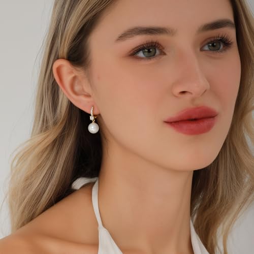 Pearl Earrings for Women 14K Gold Plated Hypoallergenic Pearl Earrings 5A Cubic Zirconia Dangle Earrings Elegant Jewelry - color: 2-Gold